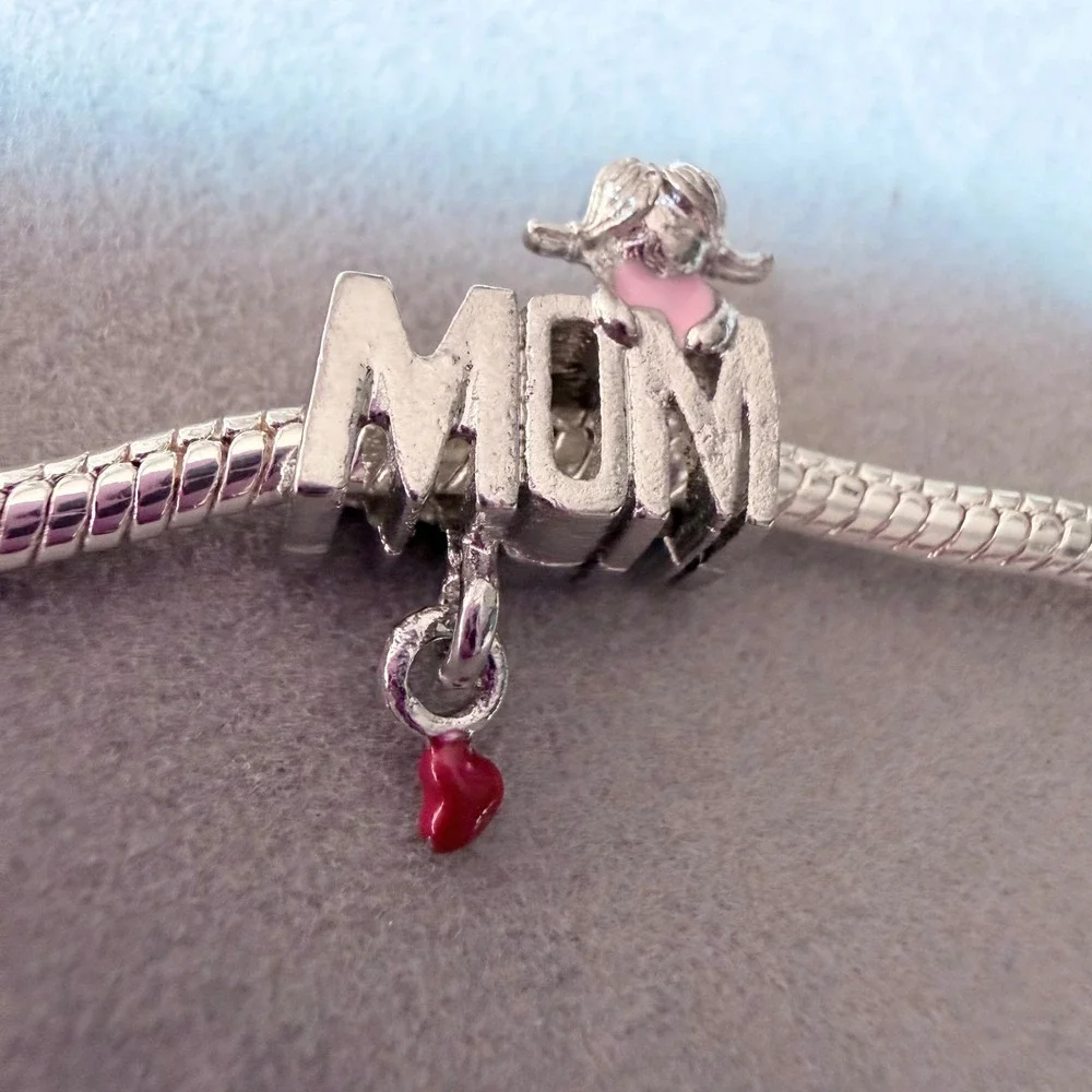 MOM Silver Girl Pink Red Heart Dangle Charm fits PANDORA